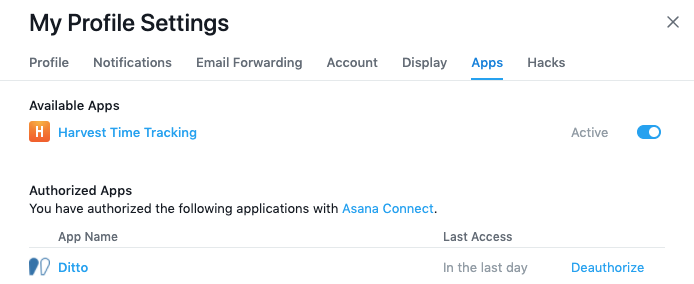 Screenshot of the Asana 'Apps' configuration tab